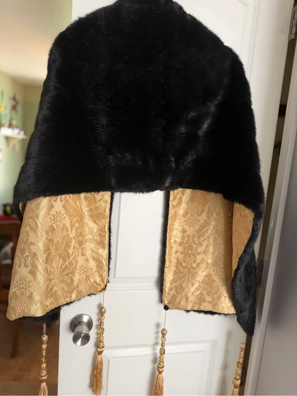 Vintage Black Faux Fur Evening stole  with Gold Brocade Lining.Iman 68”x 21”
